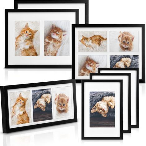 bomoe set di 7 Cornici Foto - cornice foto multiple da parete, portafoto in vetro plastica e sospensione in metallo	Nero