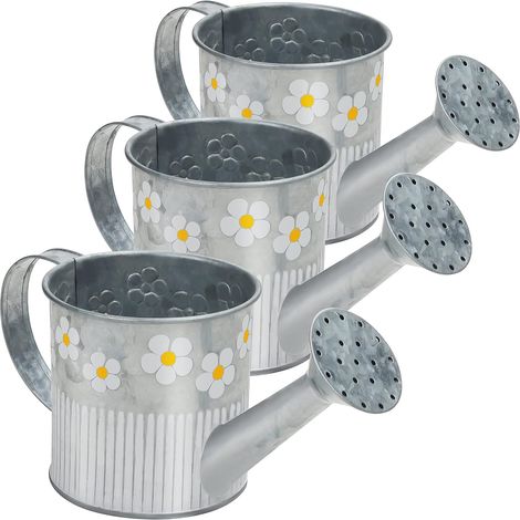 Lot de 3 Arrosoir, métal galvanisé, design vintage, fleurs blanches, usage décoratif intérieur extérieur (1/5)