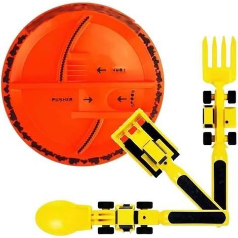Assiette et couverts pour enfant en forme de chantier Bulldozer - Orange-Ywey