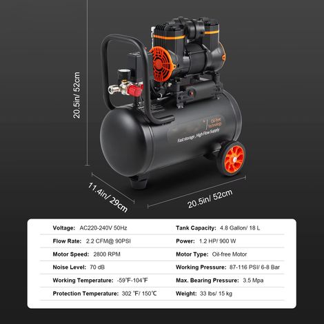 Compresseur d'air silencieux 900W , pompe à air portable sans huile pour le gonflage des pneus, compresseur silencieux-18L (1/5)