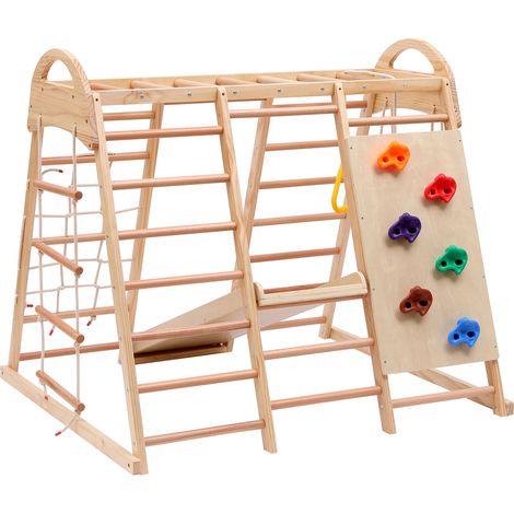 Triangle d'Escalade 7 en 1, Aire de Jeux Intérieur en Bois Massif avec Toboggan et Balançoire, Structure de Motricité Enfant Charge 50 kg (1/5)