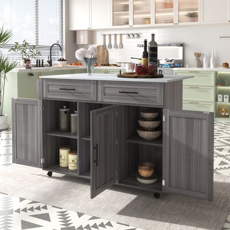 Carrello da cucina, credenza blu con 5 ruote, vassoio ribaltabile, ripiani sulle ante, 2 cassetti, grigio (1/5)