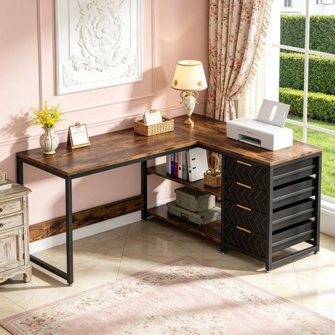 Bureau d'angle réversible de 150 cm avec tiroirs et étagères, poste de travail pour ordinateur à domicile (1/5)