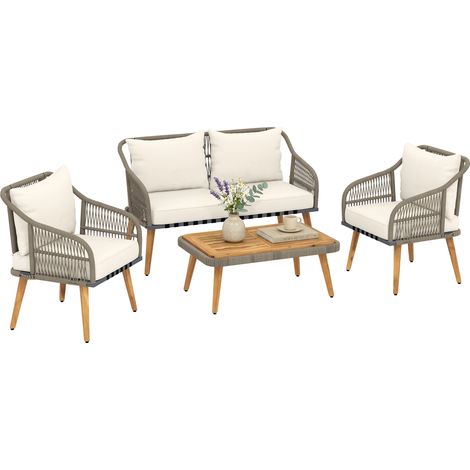 Outsunny 4 Piece Rattan Garden Furniture Set w/ Thick Cushions, Cream White