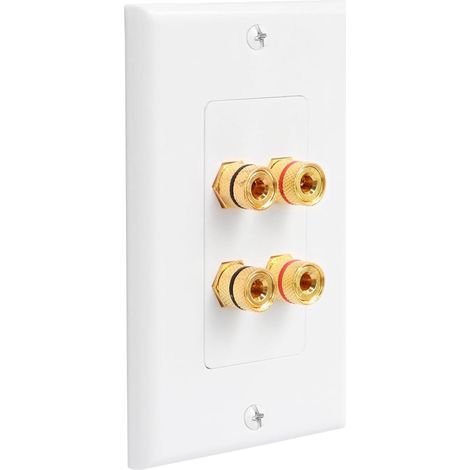 placa de pared para 2 altavoces, conectores chapados en oro, terminales rojos y negros, para caja de montaje empotrada estándar. (1/5)