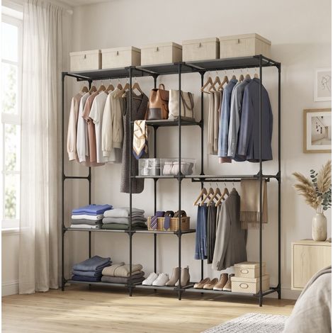 Penderie textile noire avec 3 tringles et 5 étagères, montage sans outils, structure acier et polyester (1/5)