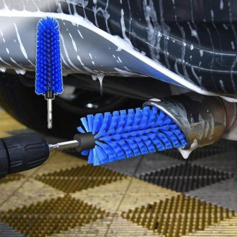 Spazzola per trapano per cerchi auto, setole resistenti ad alta densità, albero esagonale in metallo, pulisce mozzi ruota e scarico motore, blu (1/5)