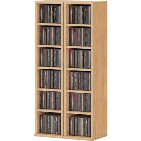 Lot de 2 étagères colonnes armoire de rangement CD-DVD 12 compartiments 21 x 22,5 x 88,5 cm capacité 204 CD bois naturel