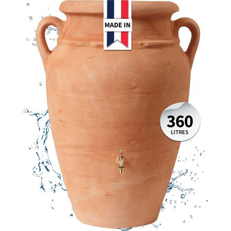 Garantia – Réservoir d'eau de pluie amphore 360L – Finition 3D mate terracotta – Filetages laiton 19mm – Pot de personnalisation pour balcon/terrasse