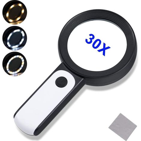 Loupe de Lecture avec 18 lumières LED, Double lentille en Verre avec grossissement 30 x, Loupe Grossissante à Main,Loupe Eclairante pour Lecture, Seniors, Malvoyant, Observation et Travaux Manuels