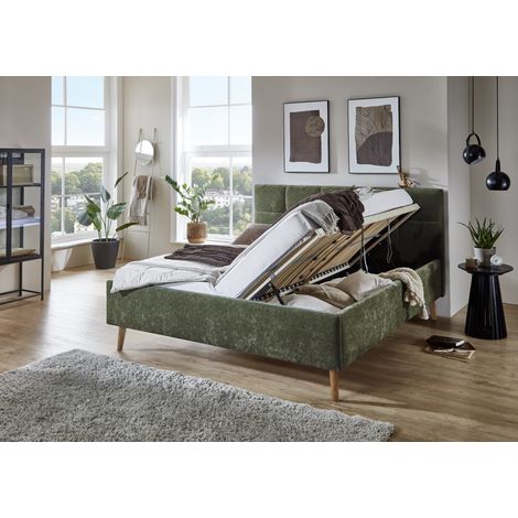 Meise Möbel Stauraumbett Nova 180x200 cm Doppelbett Bettkasten & Lattenrost (Federholzrahmen) Webstoff Olivgrün Holzfuß eichefarbig (1/5)