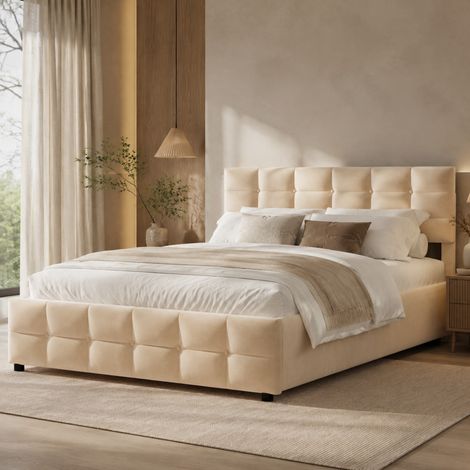 Letto imbottito 180/200 cm beige con contenitore idraulico, velluto olandese e rete a doghe (1/5)