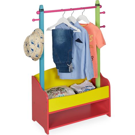 Penderie pour Enfants, Portant vêtements Chambre, 4 Crochet, 2 tiroirs, HLP : 100,5x71x30 cm, Multicolore (1/5)