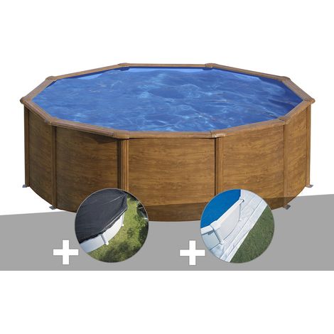 Kit piscine acier aspect bois Gré Pacific ronde 4,80 x 1,22 m + Bâche d'hivernage + Tapis de sol