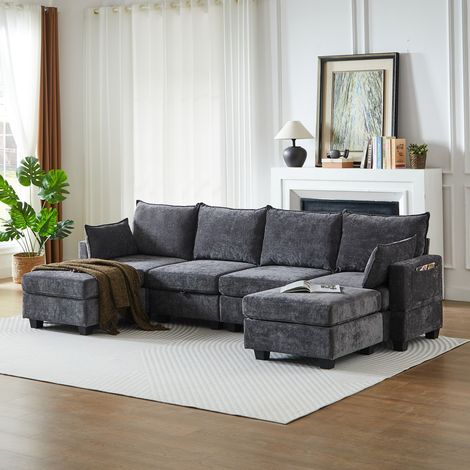 Canapé d'angle modulable en U chenille 6 places, méridienne, pouf rangement inclus, 289,6x141x87,6 cm - Gris (1/5)