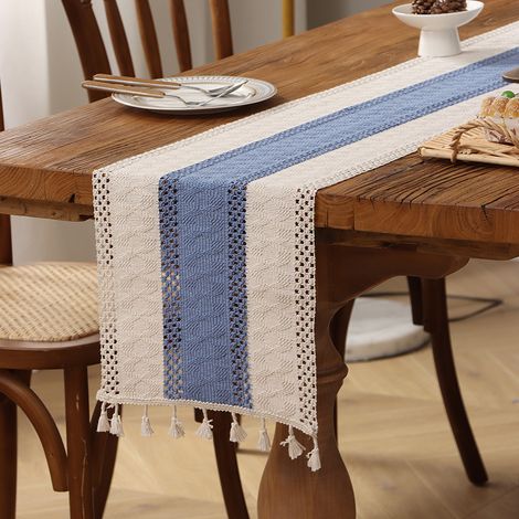 Runner da tavola blu con nappe, dimensioni 30 cm x 200 cm, dallo stile rustico e country, adatto per festività, matrimoni o come decorazione per il tavolo della cucina (blu + bianco).