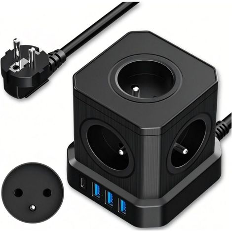 (Noir) Multiprise (16A/4000W) 5 Prises françaises avec 3 Ports USB et 1 Port Type C, Bloc Multiprise Parafoudre et Surtension avec Interrupteur, Câble (1/5)