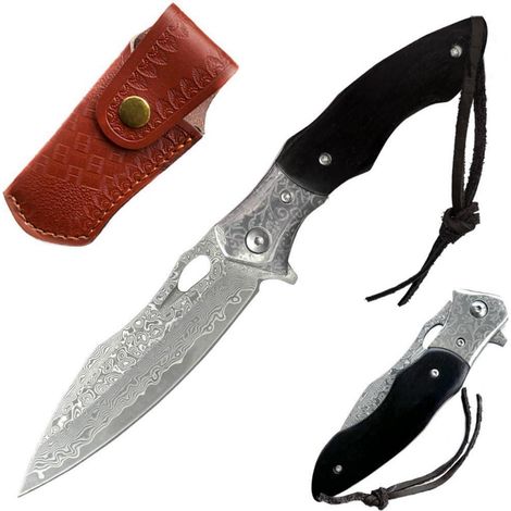 Couteau pliant Damas avec manche en bois et étui en cuir, acier VG10