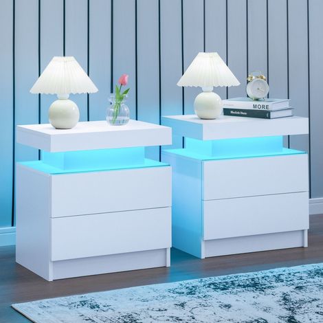 Cubehom Lot de 2 table de Chevet avec 2 tiroirs et 16 Couleurs LED, 2 tiroirs Table de Chevet pour Salon, Chambre à Coucher, Blanc (1/5)