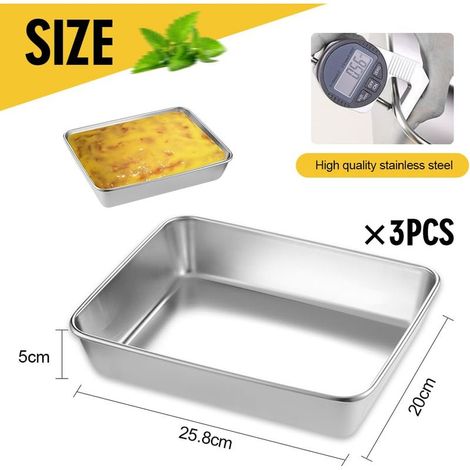 3-teiliges Edelstahl-Auflaufform-Set, rechteckig, 25,8 x 20 x 5 cm, Edelstahl-Tablett, gastronomisches Küchengeschirr, stapelbare Lasagneform, Grillbackform, Auflaufform, Gebäckform (1/5)