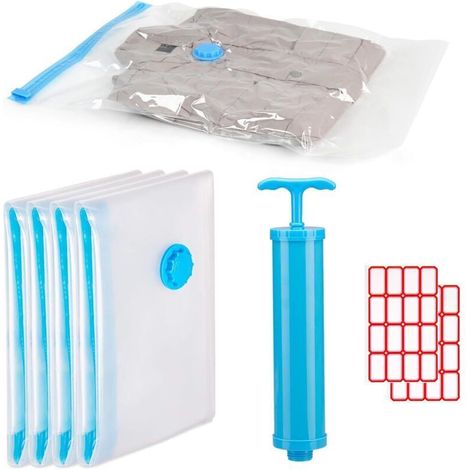 Sacs de Rangement Sous Vide,40 60cm Sacs de Compression Réutilisables, Sac de Voyage Sous Vide, Sacs Sous Vide pour Vêtements,Pompe Sous Vide, Étiquettes Autocollantes, 4 Pièces (1/4)