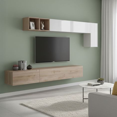 Parete Attrezzata Barumini, Modulabile, Made in Italy, 30x276x180h cm Bianco Lucido (1/4)