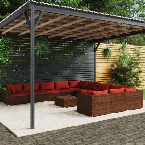 12-tlg. Garten-Lounge-Set mit Kissen Poly Rattan Braun (1/5)