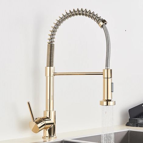 Robinet de cuisine en or brossé (doré brillant) avec douchette extractible à 2 jets, mitigeur eau chaude/froide à poignée unique et rotation à 360°. (1/5)