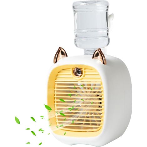 Mini ventilateur de refroidissement d'air, chargement USB à 3 vitesses, mini ventilateur de climatiseur, refroidissement personnel silencieux et mignon avec réservoir d'eau 270 ml, bureau pour la,Jaun (1/5)