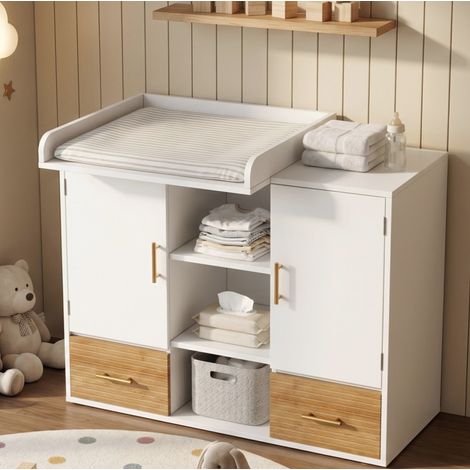 Table à langer bébé avec 2 portes, 2 tiroirs, rangement à étagères, 114x53x92 cm, MDF naturel et blanc (1/5)