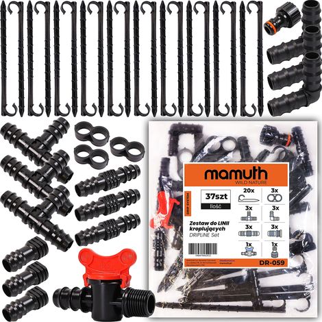 DRIPLINE SET 16mm 37x Kit de raccords d'irrigation pour tuyaux 34 pièces Kit, raccords d'angle pour tuyaux, bouchons mâles Connecteurs à barbillon pour installations d'arrosage goutte à goutte (1/2 po