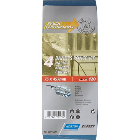 Packung mit 4 NORTON Schleifbändern, 75 x 457 mm, Körnung 120 NORTON