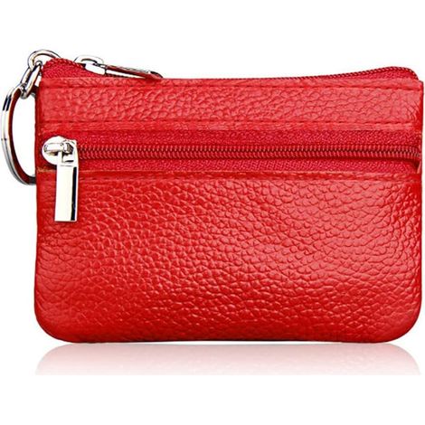 Mini portefeuille zippé minimaliste en cuir pour femme avec porte-clés (rouge) (1/2)