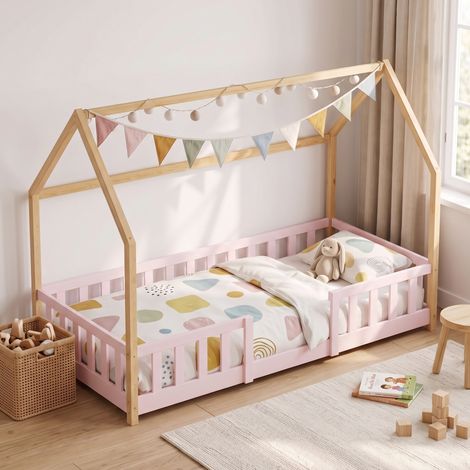 Hausbett Sisimiut mit Rausfallschutz 90x200 cm Rosa/Natur [en.casa] (1/5)