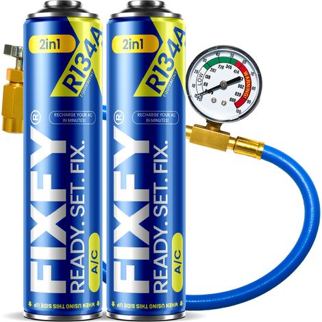 FIXFY 2in1 500ml Klimaanlagen-Nachfüllset - 2x GROSSE KANNE + R134a-Schlauch