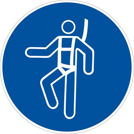 Panneau d'obligation Port du harnais de sécurité obligatoire. Obligation Signalisation EPI. Autocollant, PVC, Alu - Plastique PVC 1,5 mm - Diamètre 125 mm