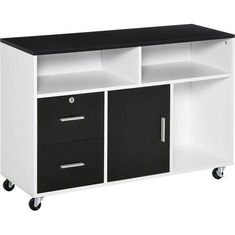 Meuble noir et blanc à roulettes avec étagères et tiroirs multifonction, 100x35x65 cm, espace travail pratique (1/5)