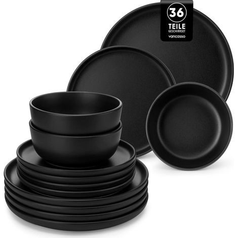 Geschirrset Steingut Schwarz Tafelservice 36tlg 36 Teile Set Schwarz (1/5)