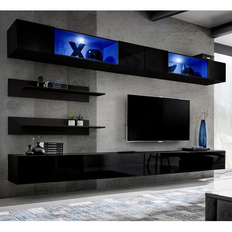 Ensemble Meuble TV Mural "Fly I3" 320cm Noir (1/4)