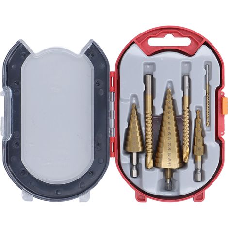 Lot de 3 forets étagés HSS revêtus titane, queue hexagonale et queue ronde, cannelures droites, perceuse à étages (1/5)