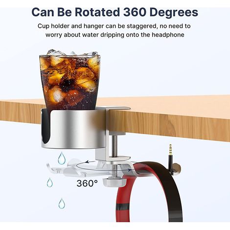 Neuer, um 360° drehbarer Kopfhörerständer aus Metall für den Schreibtisch, multifunktional, kein Bohren erforderlich, zur Aufbewahrung von Kopfhörern und einer Tasse, silberfarben (1/4)