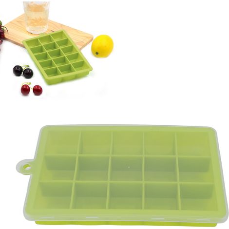 Bac à glaçons en silicone 3 pièces, 15 compartiments, avec couvercle, boîte à glaçons pour aliments pour bébé, machine à glaçons, ustensiles de cuisine, en stock, vente en gros, vert. (1/5)