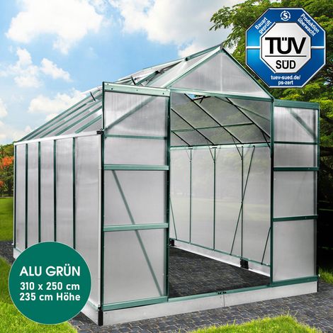BRAST Gewächshaus Aluminium mit Fundament rostfrei TÜV geprüft 6mm Platten 310x250x235cm Grün