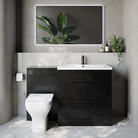 Napoli 460 Matt Black 1300mm 2 Drawer Vanity Unit Toilet Suite with Glide Basin - 1300mm - Matt Black 480mm HandleWith Kingston Toilet Pan and Seat