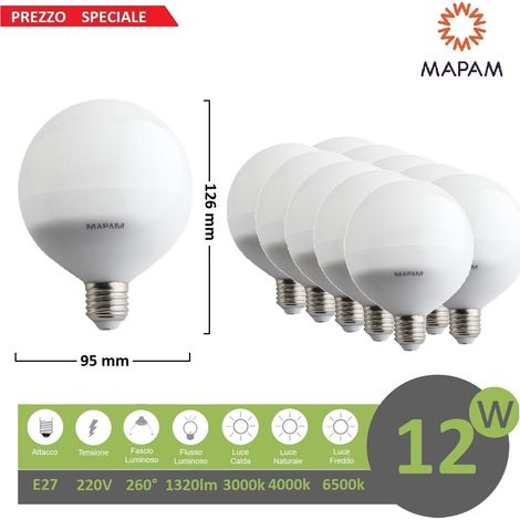 X10 Lampadina led E27 globo G95 12W attacco grande luce bianca naturale calda basso consumo Mapam Luce Fredda (1/3)