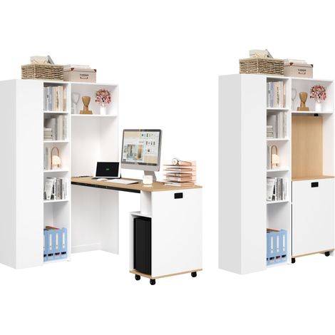 Bureau pliant avec rangement, 2-en-1 bibliothèque et bureau, étagères réglables en hauteur, sécurité anti-basculement, blanc – coin gauche