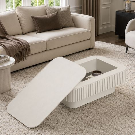 Table basse rectangulaire 98 cm avec rangement caché, plateau relevable, MDF et placage bois couleur - crème (1/5)