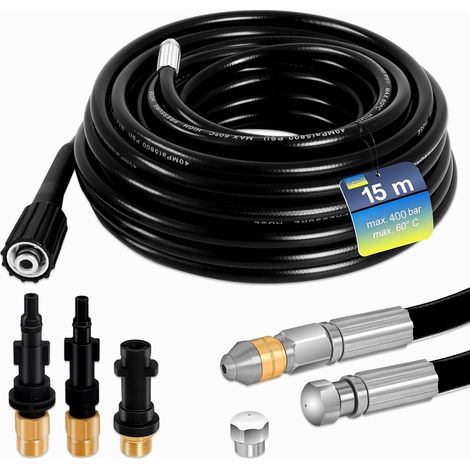 Tuyau nettoyeur haute pression 15m 400 bar, compatible Karcher K2 K3 K4 K5 K6 K7 Parkside Lavor Bosch, déboucheur canalisation, 2 buses 3 adaptateurs - 15m (1/5)