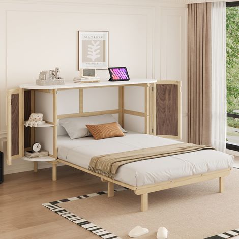 Lit double escamotable mural-rotin design-sommier lattes-rangement--202x205x122cm-Sans Matelas (1/5)