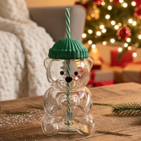 Tazze da caffè, tazze di vetro, tazze da tè, tazze di vetro con coperchio e cannuccia, tazze di vetro con cannuccia, borraccia a forma di orso da 580 ml, bicchiere per caffè (1/5)